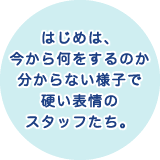 はじめは、今から何をするのか分からない様子で硬い表情のスタッフたち。